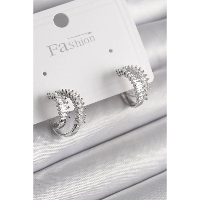 BFS Pirinç Gümüş Renk 2Li Zirkon Taşlı Halka Model Kadın Küpe