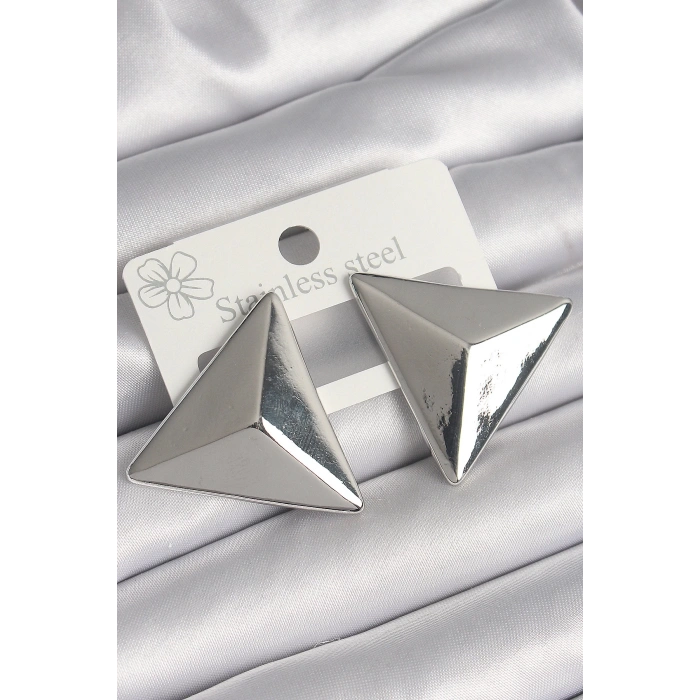 BFS Pirinç Gümüş Renk 3D Üçgen Model Kadın Küpe