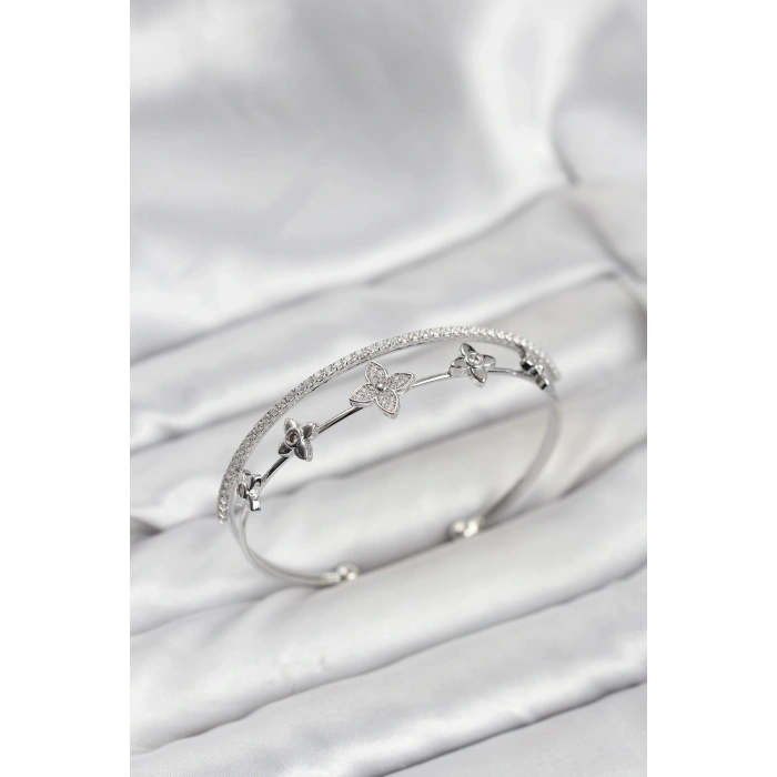 Mey İthalat® Pirinç Gümüş Renk Çiçek Model Kadın Bileklik