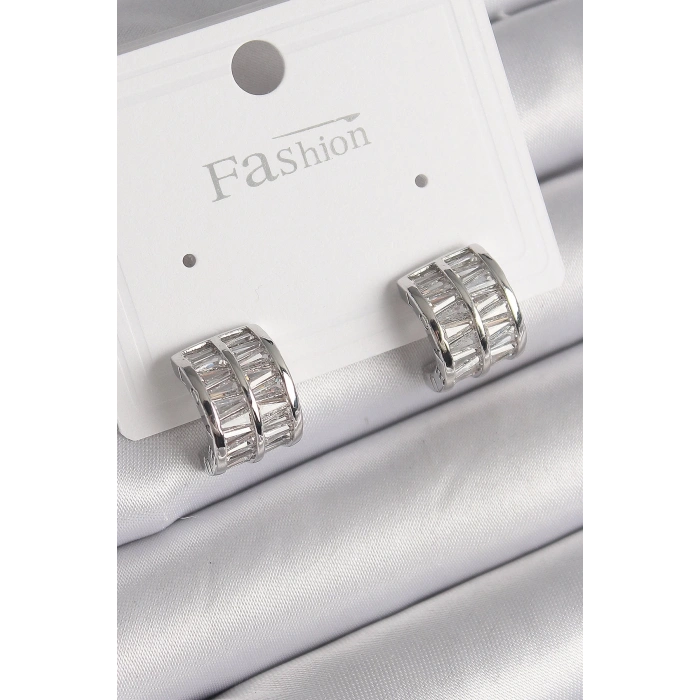 BFS Pirinç Gümüş Renk Çift Sıra Zirkon Taşlı Kadın Küpe