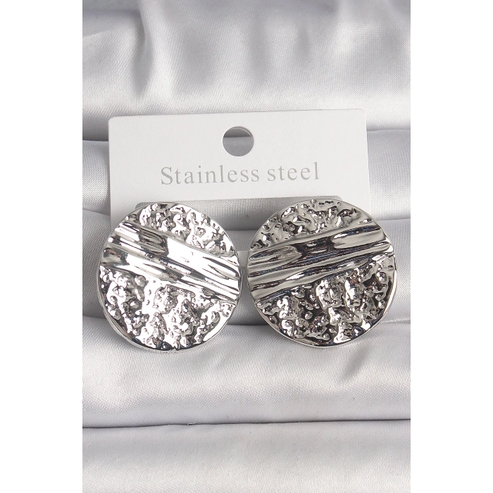 BFS Pirinç Gümüş Renk İşlemeli Daire Plaka Model Kadın Küpe