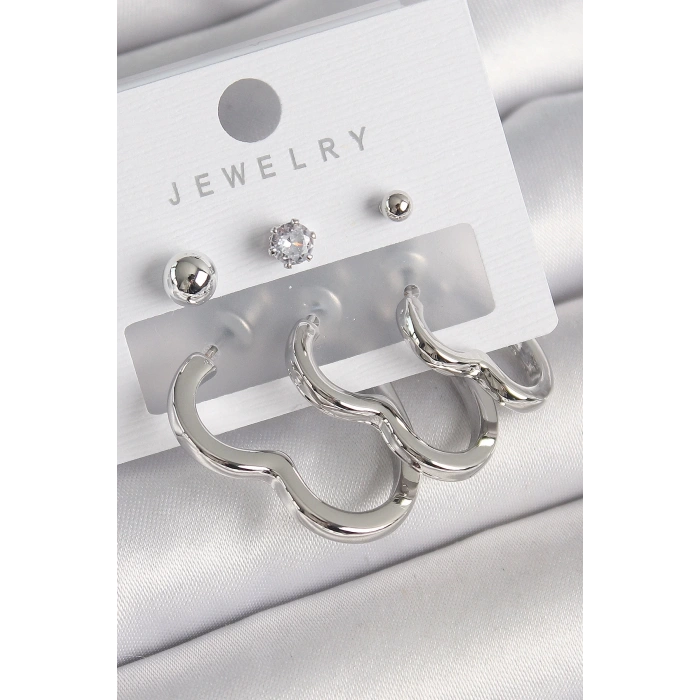 BFS Pirinç Gümüş Renk Kalp Model Zirkon Taş Topçuk Detay Kadın Küpe Seti