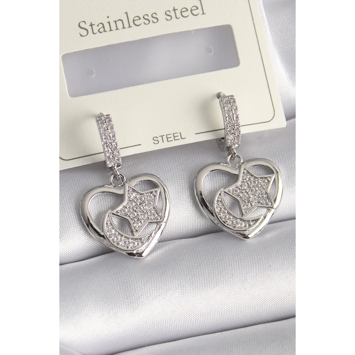 BFS Pirinç Gümüş Renk Kalp Model Zirkon Taşlı Ay Yıldız İşlemeli Kadın Küpe