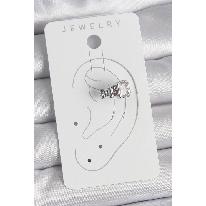 BFS Pirinç Gümüş Renk Kare Zirkon Taşlı Kadın Kıkırdak Model Küpe