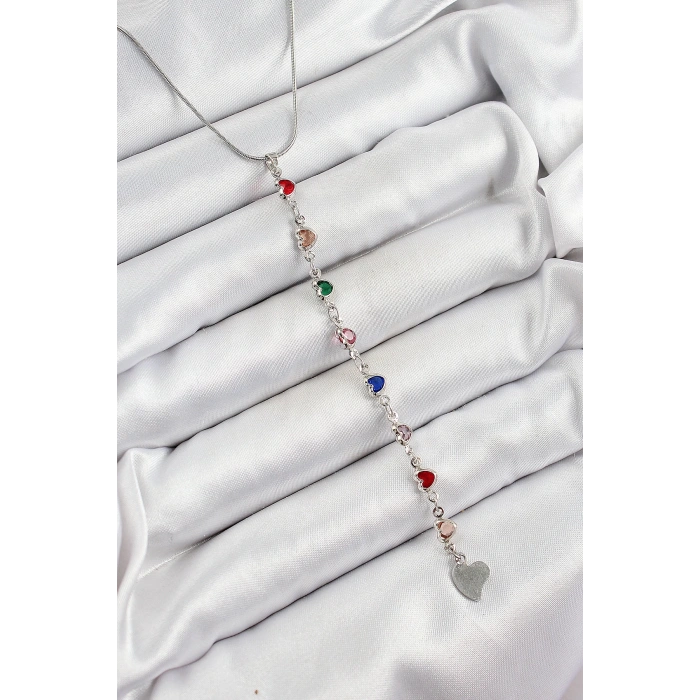 BFS Pirinç Gümüş Renk Karışık Renk Zirkon Taşlı Kalpli Y Kadın Kolye