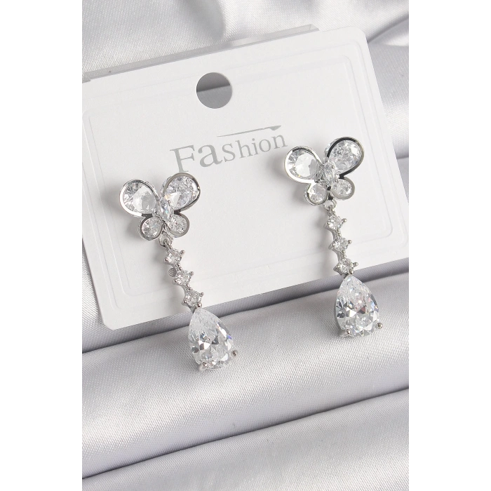 BFS Pirinç Gümüş Renk Kelebek Model Sallantı Damla Zirkon Taşlı Kadın Küpe