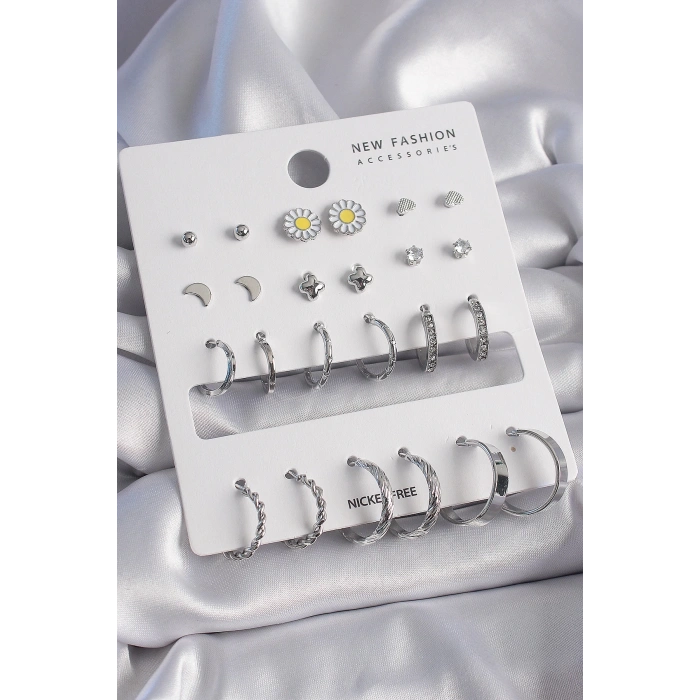 BFS Pirinç Gümüş Renk Papatya Detaylı 12 Çiftli Kadın Küpe Seti