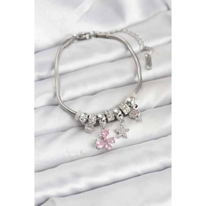 Mey İthalat® Pirinç Gümüş Renk Pembe Kelebek Charmlı Kadın Bileklik