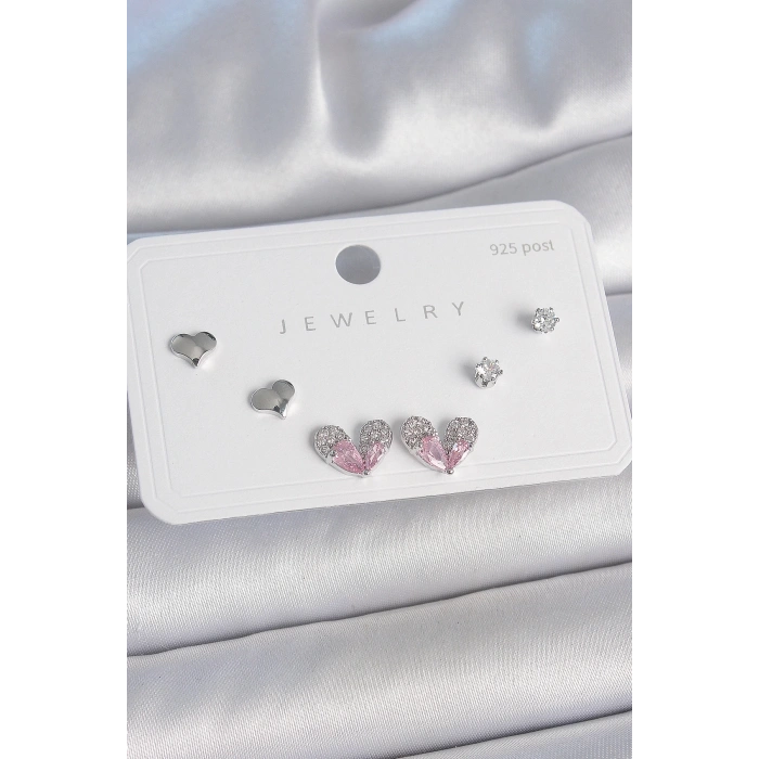 BFS Pirinç Gümüş Renk Pembe Zirkon Taşlı Kalp Model 925 Ayar Gümüş Çivi Kadın Küpe Seti
