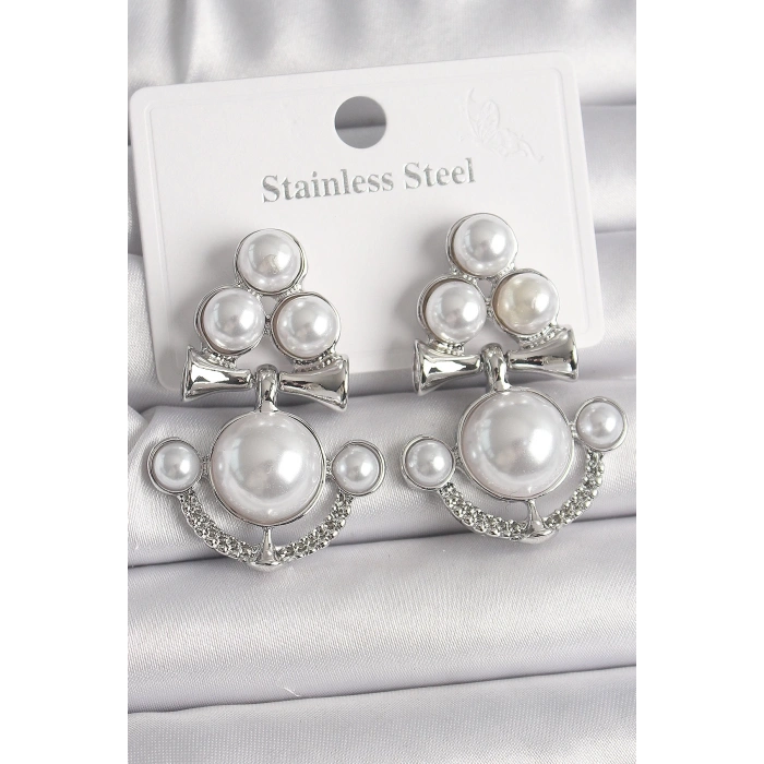 BFS Pirinç Gümüş Renk Sallantı İncili Çapa Model Kadın Küpe