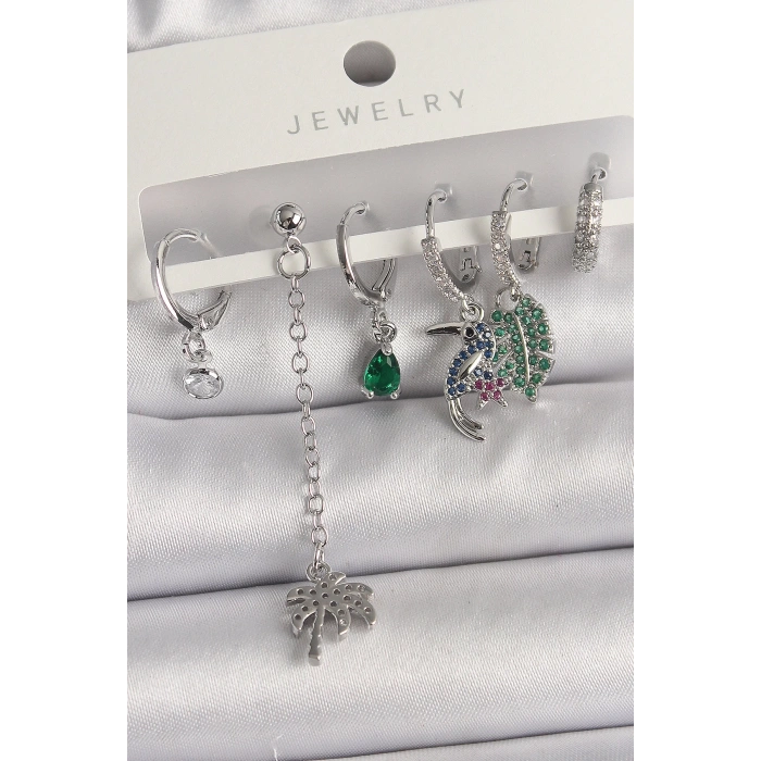 BFS Pirinç Gümüş Renk Sallantı Zirkon Taşlı Ağaç Figür Çoklu Kadın Küpe Seti