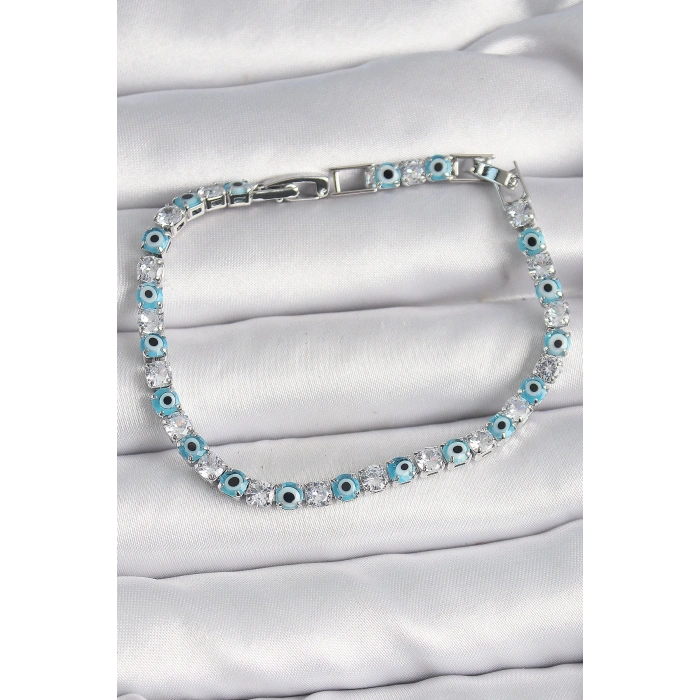 Mey İthalat® Pirinç Gümüş Renk Su Yolu Zirkon Taşlı Nazar Boncuklu Kadın Bileklik