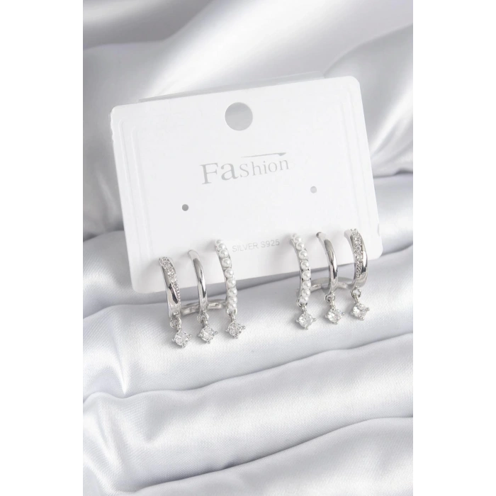 BFS Pirinç Gümüş Renk Zirkon Taş Detay İncili Kadın Küpe