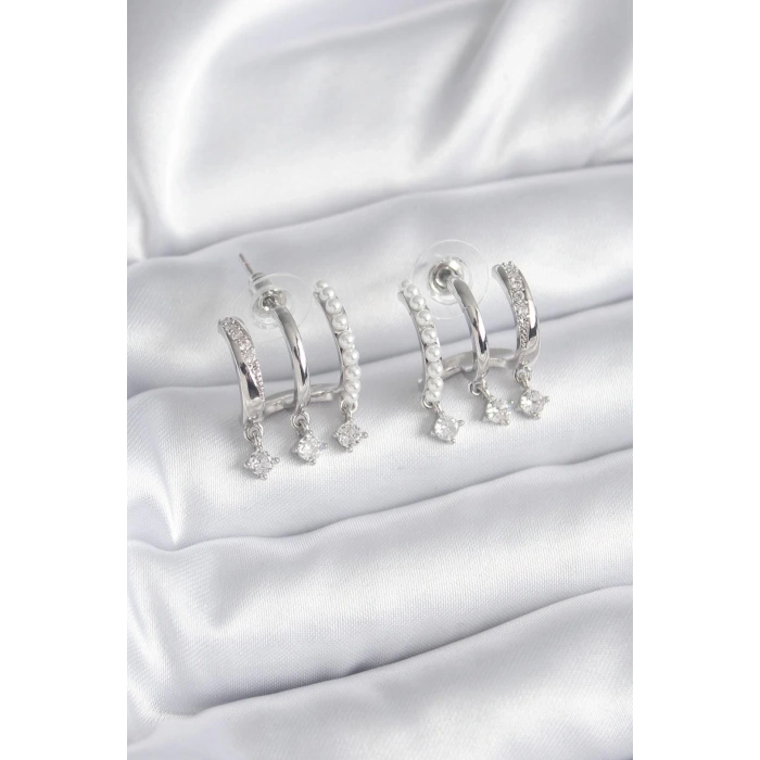 BFS Pirinç Gümüş Renk Zirkon Taş Detay İncili Kadın Küpe