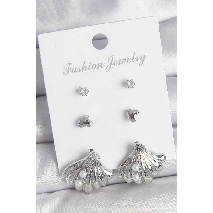 BFS Pirinç Gümüş Renk Zirkon Taş Detaylı İnci Detaylı Deniz Kabuğu Model 3 Çift Kadın Küpe