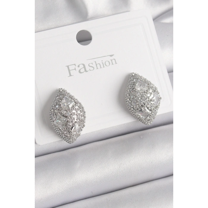 BFS Pirinç Gümüş Renk Zirkon Taş İşlemeli Damla Model Kadın Küpe