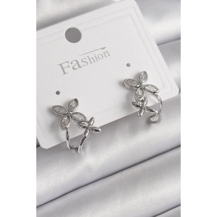 BFS Pirinç Gümüş Renk Zirkon Taşlı 2Li Çiçek Model Kadın Küpe