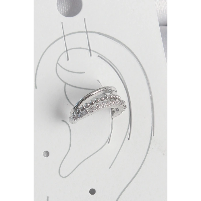 BFS Pirinç Gümüş Renk Zirkon Taşlı 3Lü Sıralı Kadın Kıkırdak Küpe