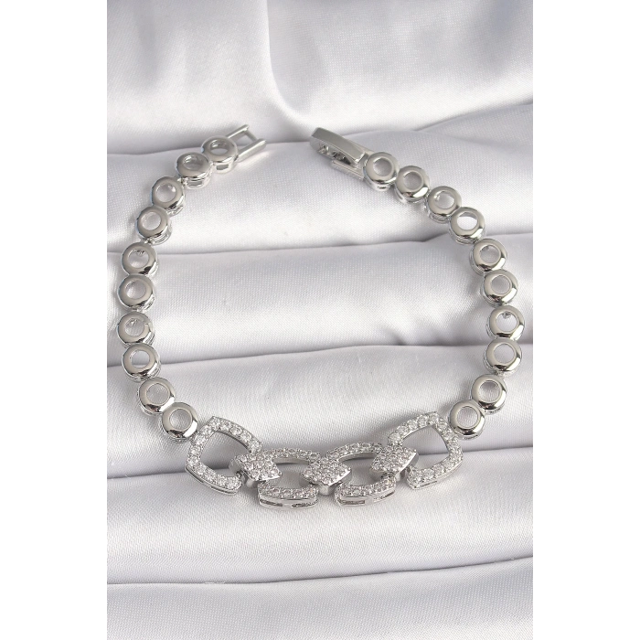 Mey İthalat® Pirinç Gümüş Renk Zirkon Taşlı Daire Zincir Model Kadın Bileklik