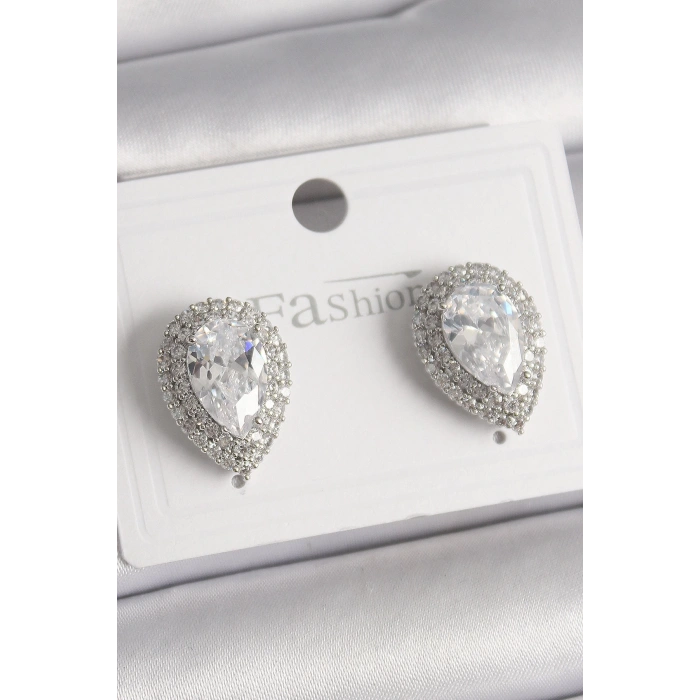 BFS Pirinç Gümüş Renk Zirkon Taşlı Damla Model Kadın Küpe