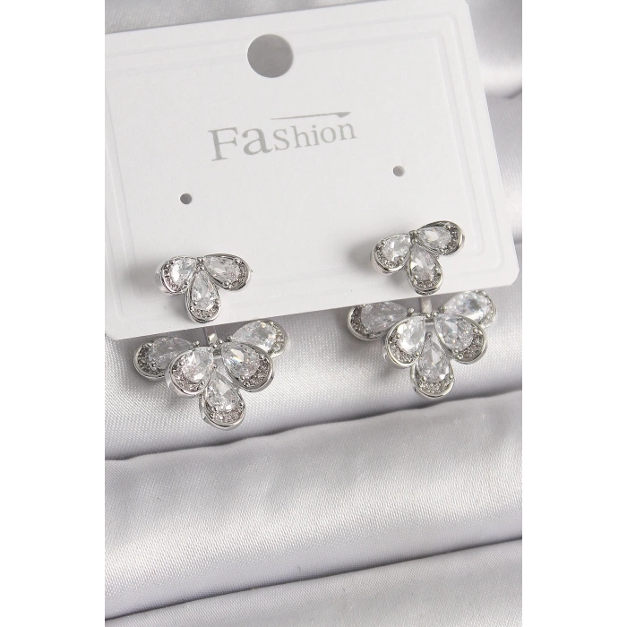 BFS Pirinç Gümüş Renk Zirkon Taşlı Damla Model Kadın Küpe