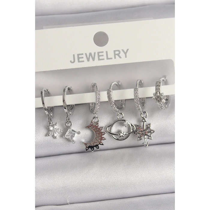 BFS Pirinç Gümüş Renk Zirkon Taşlı Gezgen Model Kadın Küpe Seti