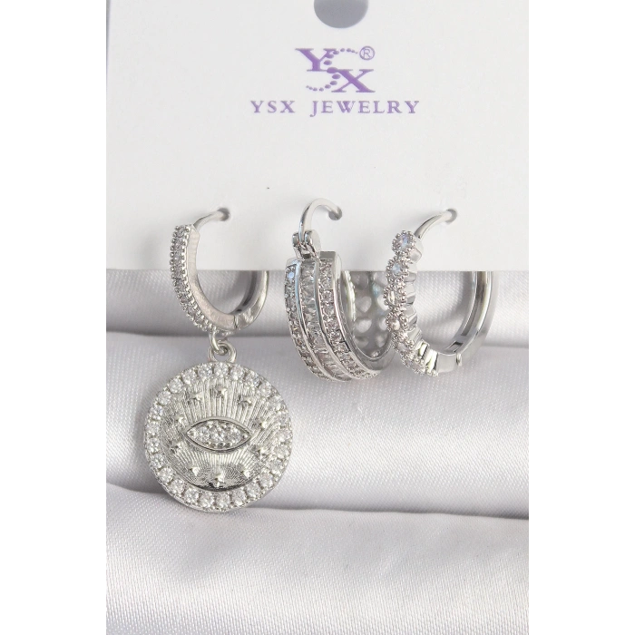 BFS Pirinç Gümüş Renk Zirkon Taşlı Göz İşlemeli Halka Model 3Lü Kadın Kombin Küpe