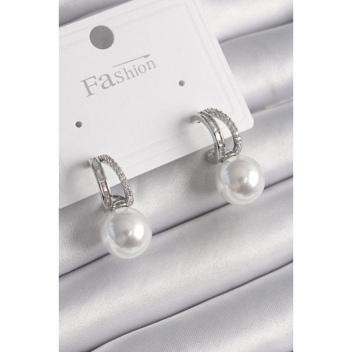 BFS Pirinç Gümüş Renk Zirkon Taşlı Halka İnci Detay Kadın Küpe