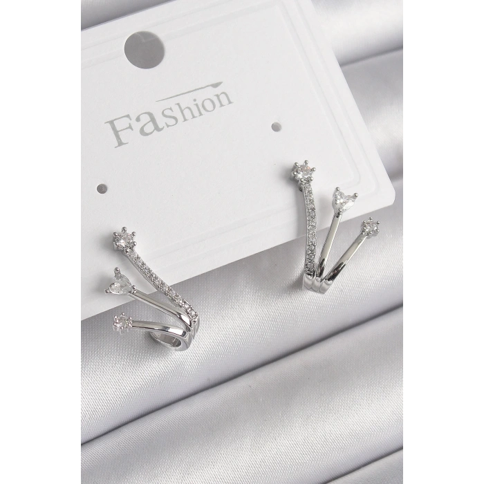 BFS Pirinç Gümüş Renk Zirkon Taşlı Kadın Küpe