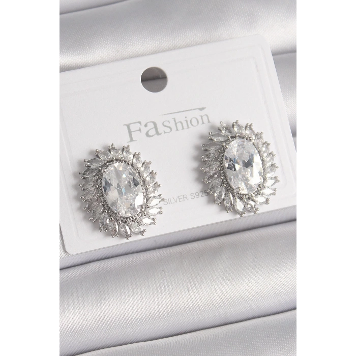 BFS Pirinç Gümüş Renk Zirkon Taşlı Kadın Küpe