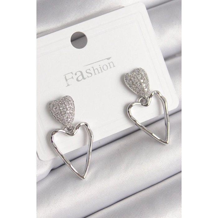 BFS Pirinç Gümüş Renk Zirkon Taşlı Kalp Model Kadın Küpe