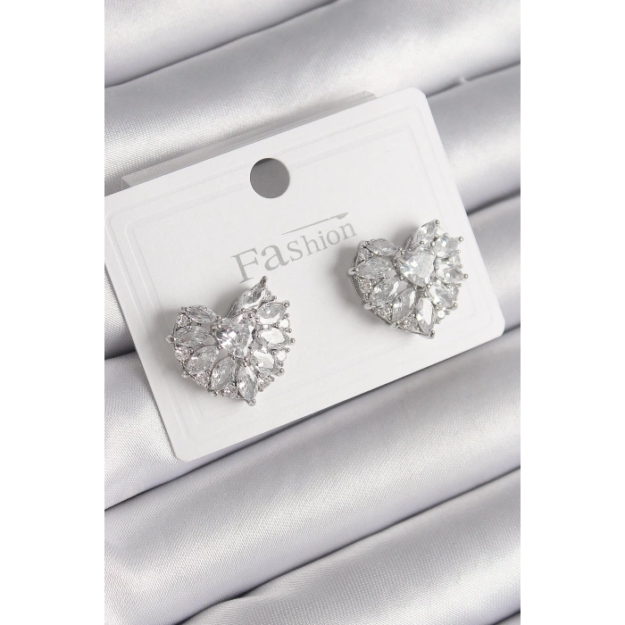 BFS Pirinç Gümüş Renk Zirkon Taşlı Kalp Model Kadın Küpe