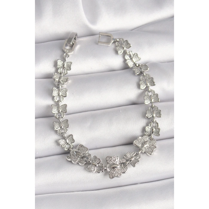 Mey İthalat® Pirinç Gümüş Renk Zirkon Taşlı Kelebek Model Zincir Kadın Bileklik