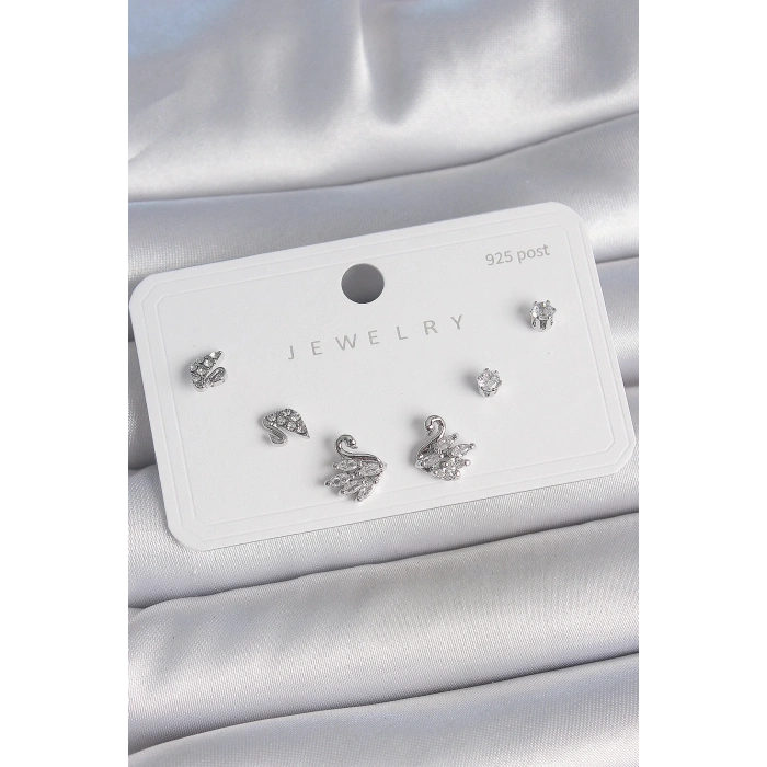 BFS Pirinç Gümüş Renk Zirkon Taşlı Kuğu Model 925 Ayar Gümüş Çivi Kadın Küpe Seti