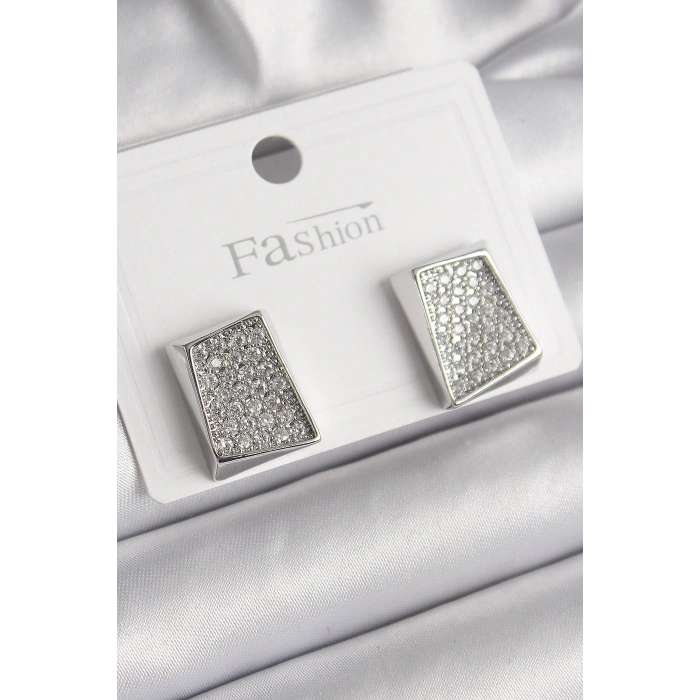 BFS Pirinç Gümüş Renk Zirkon Taşlı Plaka Model Kadın Küpe