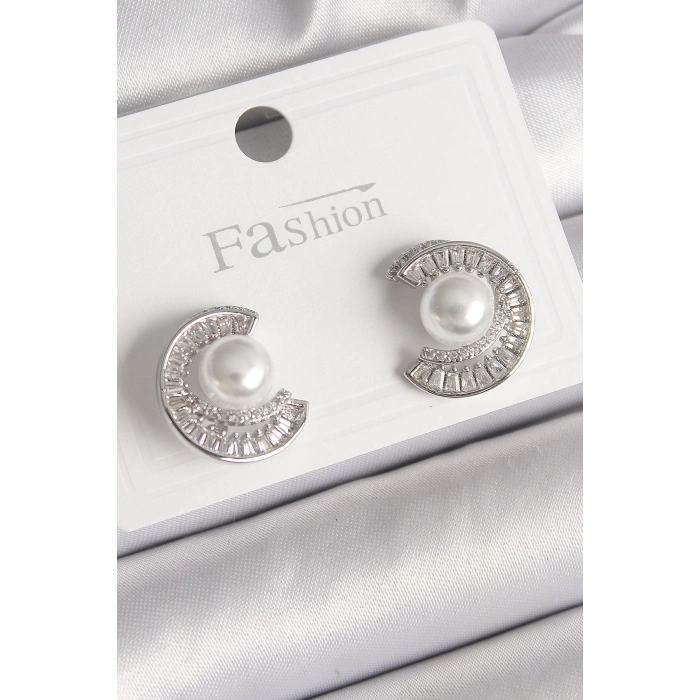 BFS Pirinç Gümüş Renk Zirkon Taşlı Salyangoz Model İnci Detay Kadın Küpe