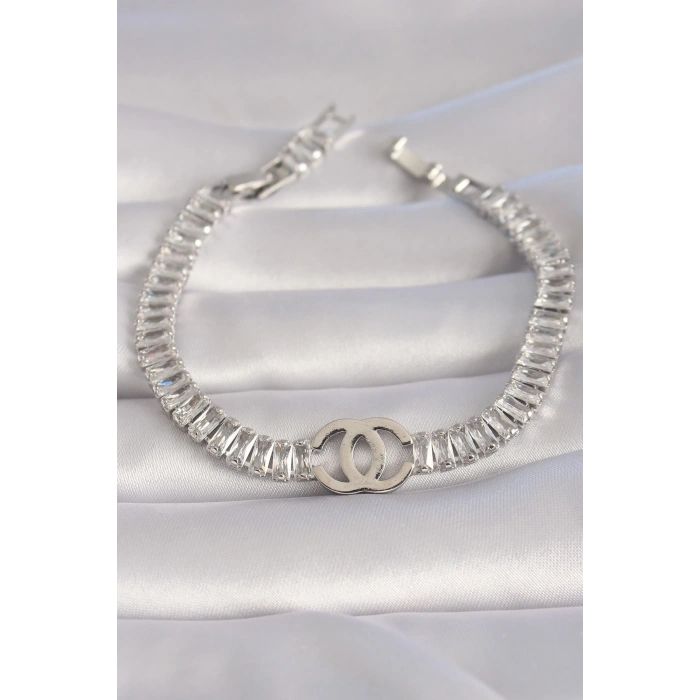 Mey İthalat® Pirinç Gümüş Renk Zirkon Taşlı Su Yolu Model VIP Seri Kadın Bileklik