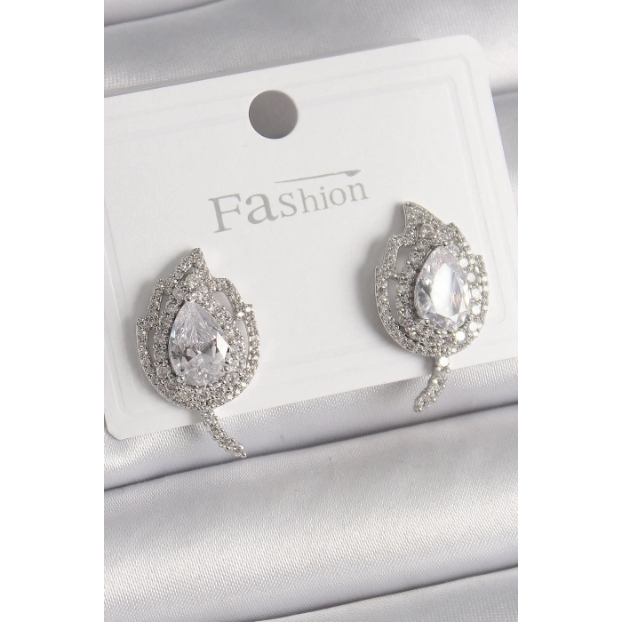 BFS Pirinç Gümüş Renk Zirkon Taşlı Yaprak Model Kadın Küpe