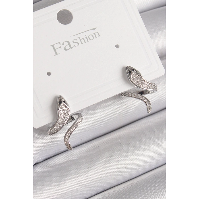 BFS Pirinç Gümüş Renk Zirkon Taşlı Yılan Model Kadın Küpe