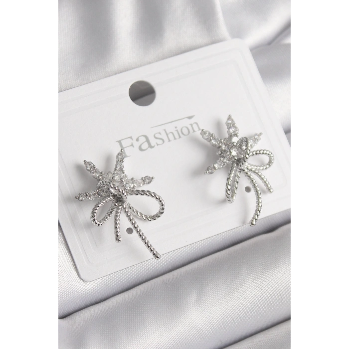 BFS Pirinç Gümüş Renk Zirkon Taşlı Yıldız Düğüm Model Kadın Küpe