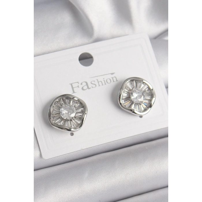 BFS Pirinç Gümüş Renk Zirkon Taşlı Yonca Model Kadın Küpe