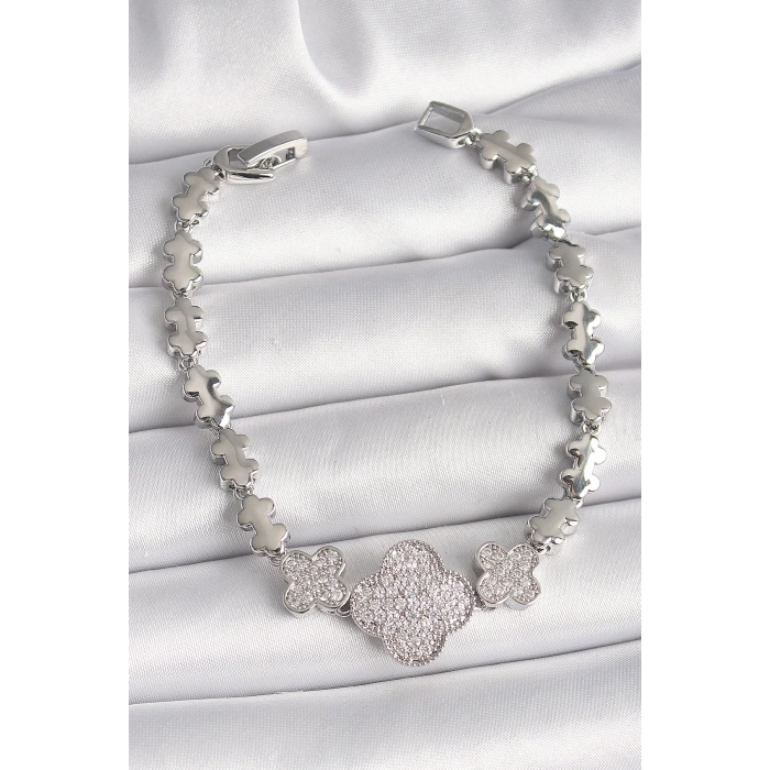 Mey İthalat® Pirinç Gümüş Renk Zirkon Taşlı Yonca Model Zincir Model Kadın Bileklik