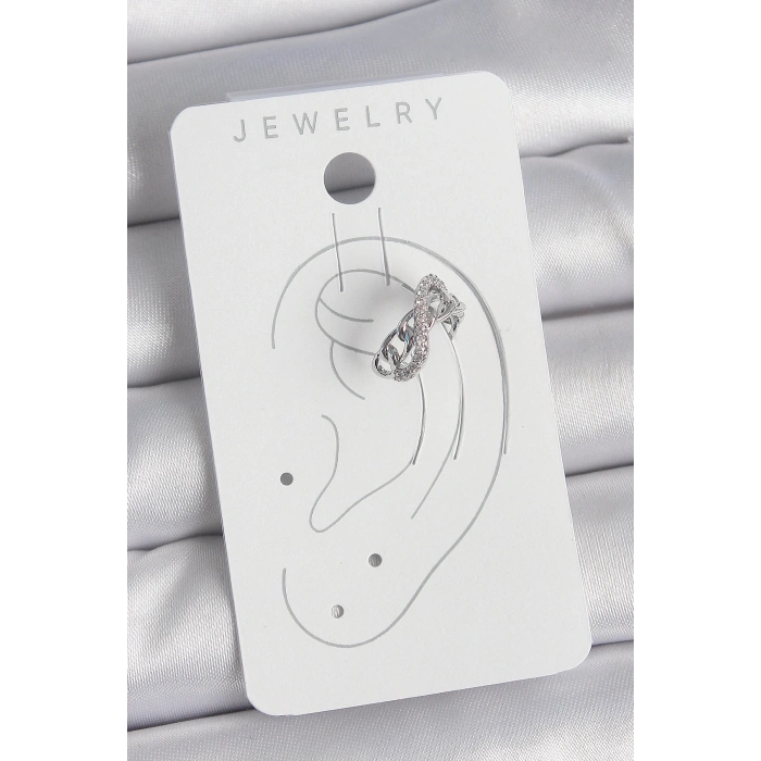 BFS Pirinç Gümüş Renk Zirkon Taşlı Zincir Sonsuzluk Model Kadın Kıkırdak Küpe