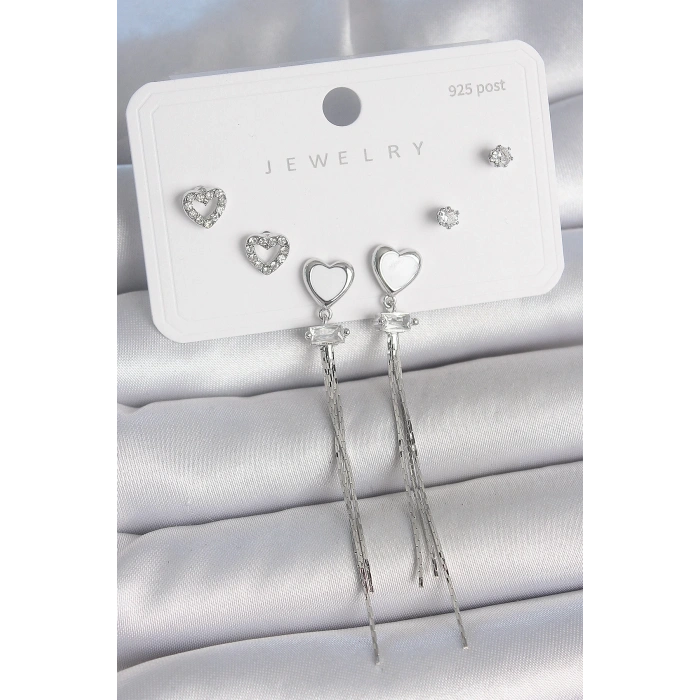 BFS Pirinç Gümüş Sallantı Beyaz Mineli Kalp Model Zirkon Taşlı Kalp Detay 925 Ayar Gümüş Çivi Kadın Küpe Seti