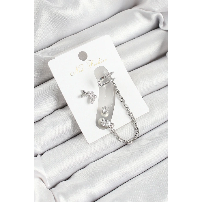 BFS Pirinç Kelebek Figürlü Zirkon Taşlı Gümüş Renk 3lü Kıkırdak Kadın Küpe Set