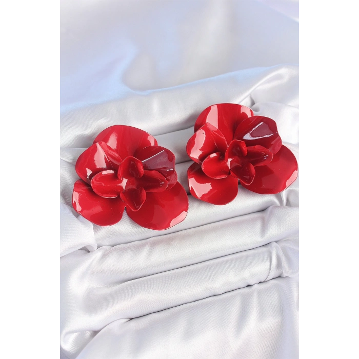 BFS Pirinç Kırmızı Renk Gül Model Kadın Küpe