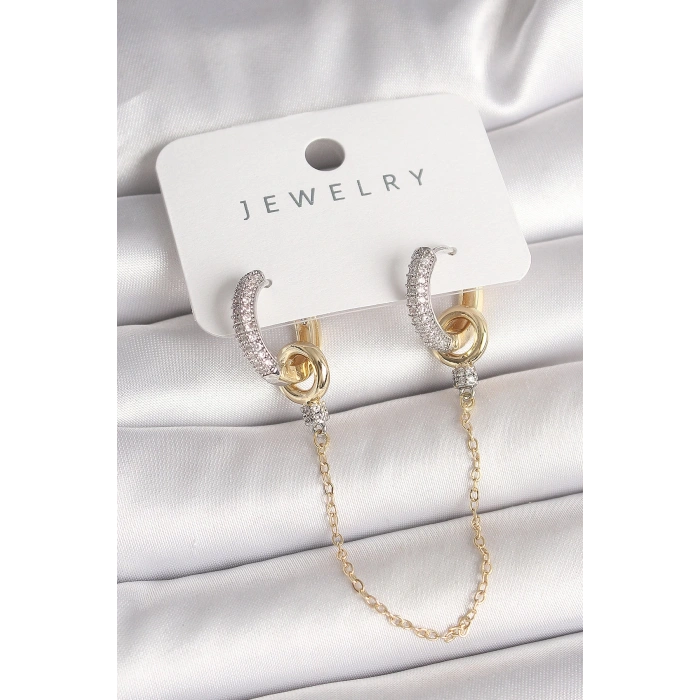 BFS Pirinç Mix Renk Zirkon Taşlı Sallantı Zincir Model Kadın Küpe