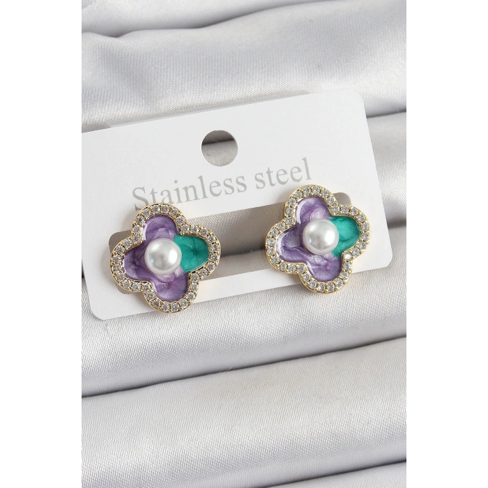 BFS Pirinç Mor Mineli İnci Detaylı Zirkon Taşlı Sanatsal Portre Yonca Model Gold Renk Kadın Küpe