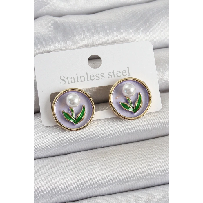 BFS Pirinç Mor Mineli Lale Figürlü Sanatsal Portre Model Gold Renk Kadın Küpe