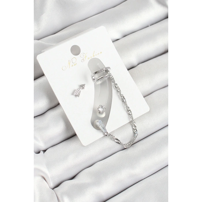 BFS Pirinç Ok Figürlü Zirkon Taşlı Gümüş Renk 3lü Kıkırdak Kadın Küpe Set